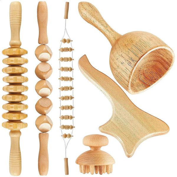 6 In 1 Holztherapie -Massage -Werkzeug Lymphdrainage Massagebaste Anti -Cellulite -Faszienmassage Roller für Ganzkörpermuskel Relaxatio240325