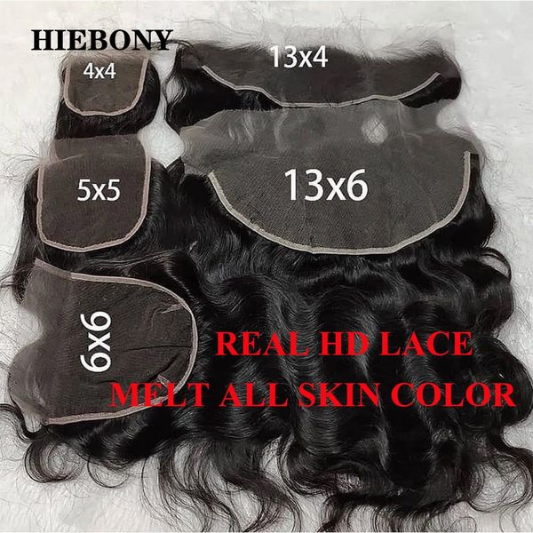 Hiebony Body Wave 13x6 HD Spitze Frontal 100% menschliches Haar unvispiable 5x56x67x7 Schließe Schmelze Skins vorgezogener Haaransatz 240402