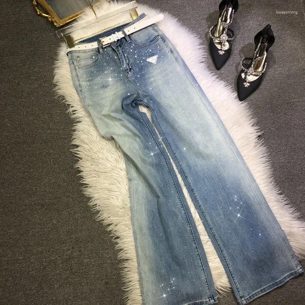 Frauen Jeans Gradienten hellblau bohrer Frauen Jeanshosen glänzende Frühlings Sommer Straight Taille Casual Wide Lein Hosen