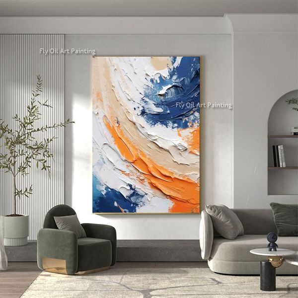 Große farbenfrohe minimalistische Texturölmalerei Blaues Weiß und Orange Texure 100% handgefertigtes Cnavas Wandkunst moderne abstrakte Malerei für Wohnzimmerdekoration