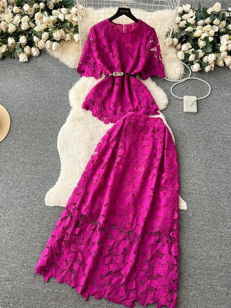 Abiti da lavoro Spring Autumn Women Lace Set a due pezzi set rosa/viola/blu/nero o nero a maniche corte a maniche corte alto abito gonna lungo 2 pcs