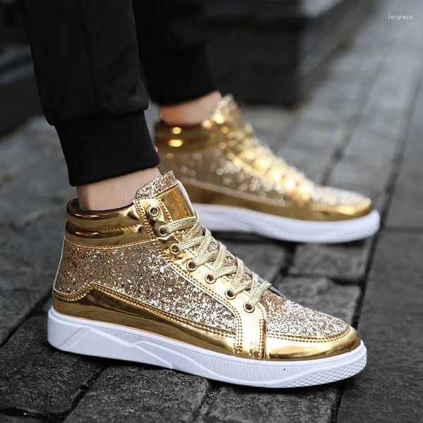 Lässige Schuhe 2024 Personalisierte Golden Männer Designer Schnürung Hochtop Vulkanisiert für den Mann Bright Paillette Herren Leder Sneaker