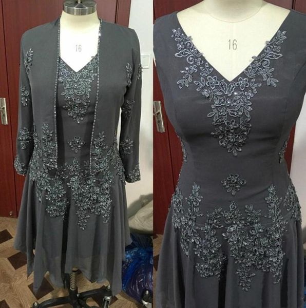 Elegante Spitzen -Chiffon -Mutter der Brautkleider mit Jacke Langschläuche kurzes Abschlussball -Kleid Hochzeitsfeierkleider plus SIZ4678904