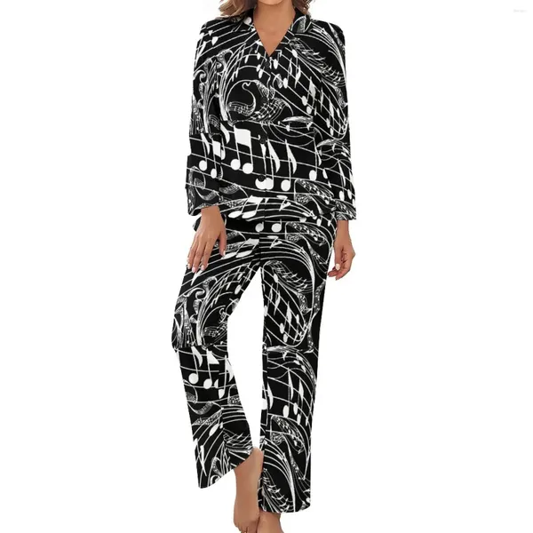 Ev Giyim Müzik Notları Pijamalar Kadın Siyah Beyaz Kawaii Placowear Sonbahar Uzun Kollu 2 Parça Estetik V Boyun Tasarım Pijama Setleri