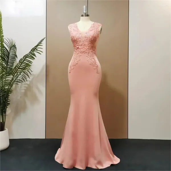 Vestidos casuais adorável sereia rosa 2024 vestido de noite veja as costas Apliques chiques cetim comprimento de vestidos formais longos para a festa do baile