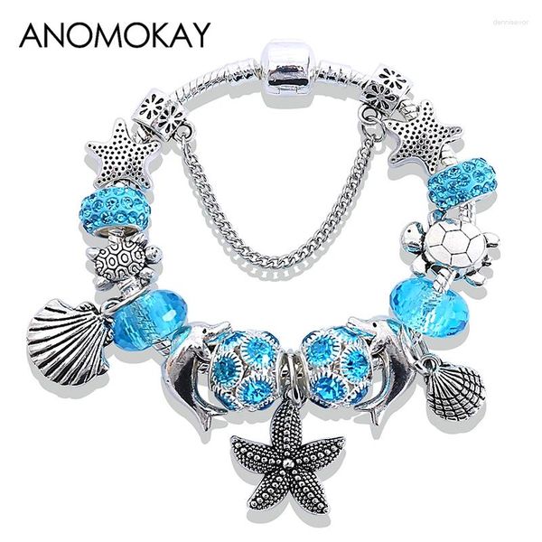 Bracelets de charme cor de cor de mar de prata pingente de casca azul de cristal azul bracelete de miçangas