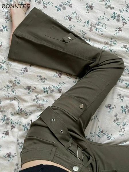 Kadınlar kot pantolon kadın ordusu yeşil vintage zarif eğlence sonbahar pantolon klasik cepler tasarımcı nazik düşük bel sokak kıyafetleri