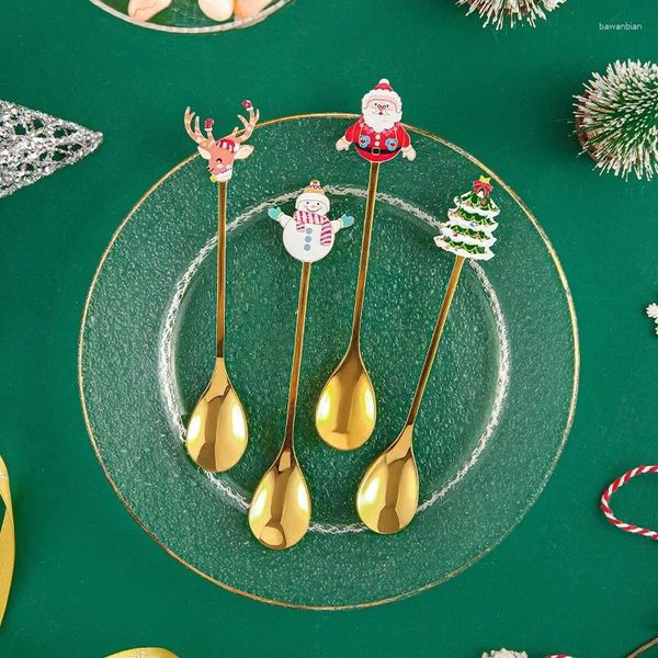 Cucchiai 1pcs per le posate di Natale cucchiaio mescolante 304 in acciaio inossidabile oro santa dessert regalo da cucina