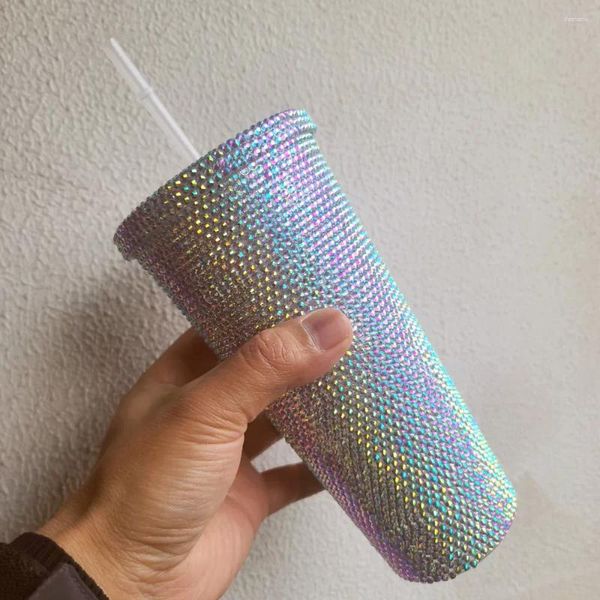 Kupalar 650ml Rhinestone Çift Duvar Plastik Tumbler Kapak ve Saman Kahve Kupa Bardakları Bling Diamand Büyük Kapasiteli Su Şişesi