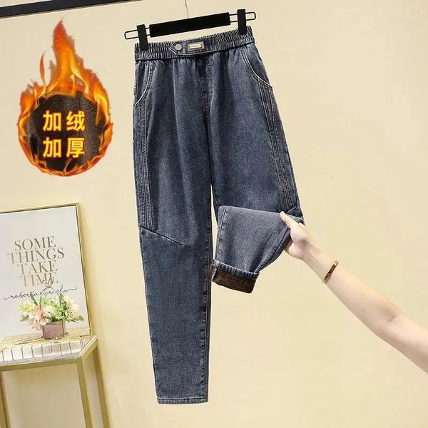 Jeans femminili donne in alto aggiunta pile per addensare pantaloni di denim della caviglia del tempo libero pantalone elastico pantaloni sciolti xl-5xl
