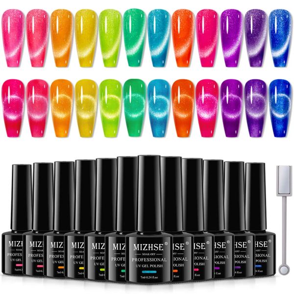 Gel Mizhse 12pcs Gel Nagellack Set Fluoreszenzes Katzenauge -Gel Chamäleon UV/LED Neon Bunte Katze Magnetische Gel Lack für Nägel Kunst