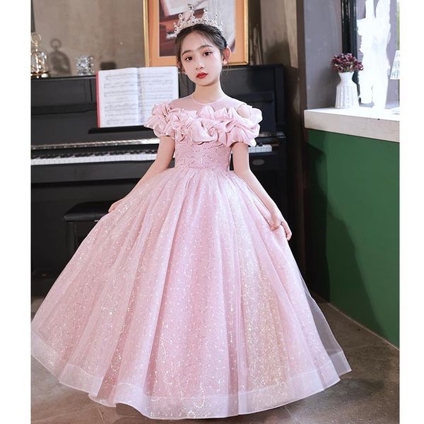 Meninas rosa vestidos de princesa festa renda com flores vestido de menina bebês crianças verão casamento aniversário crianças roupas crianças vestido de concha de miçania de garotas