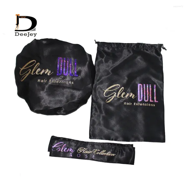 Geschenkverpackung Custom Glitter Logo Haarerweiterung Verpackung Sets Human Virgin Bonnets Satin Package Taschen Schalkopf Krawatte