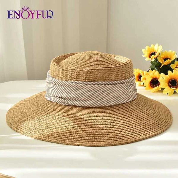 Chapéus de aba larga Balde desfrutando do Womens Summer Sun Hat Hat Luxury Straw Beach Design Adequado para meninas Fashion Protection Brand Férias Fedora Q240403