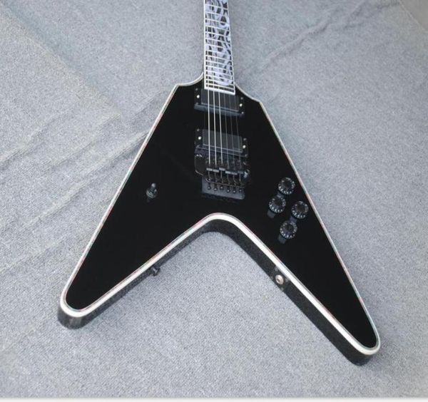 Flamethrower Flying v Ultima Fire Tiger Glos Black Elec Guitar Floyd Rose Tremolo Karmaşık pasta Abalone Alev Külle Siyah 9869458