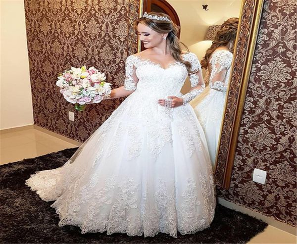Splendidi abiti da sposa in pizzo trasparente manica lunga gollo lungo una linea prrance royal abiti da sposa spazza