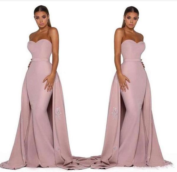 2019 Mermaid destacável Mermaid Prom Vestidos de cetim rosa Vestidos de noite de namorada Apliques de renda sem mangas