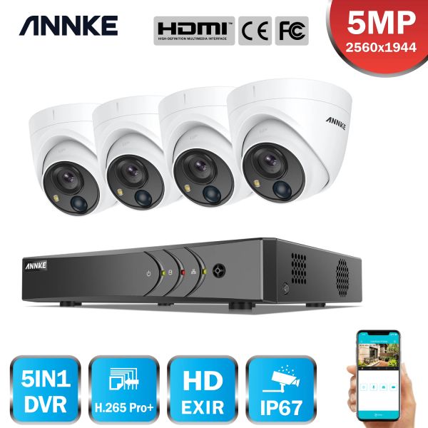 Sistema annke 8ch 5mp Câmera de segurança Sistema de 5mp Lite 5in1 h.265+ dvr com 4pcs 5mp pir hd exir cúpio ip67 kit de vigilância cctv