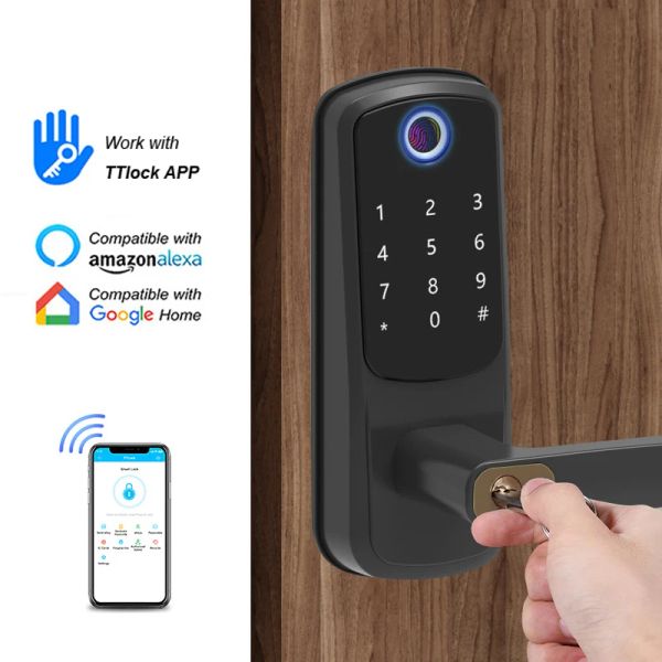 Controle Electronic Bluetooth TTlock App Smart Door Lockless Card RFID Código digital Código biométrico bloqueio de impressão digital para porta de madeira em casa