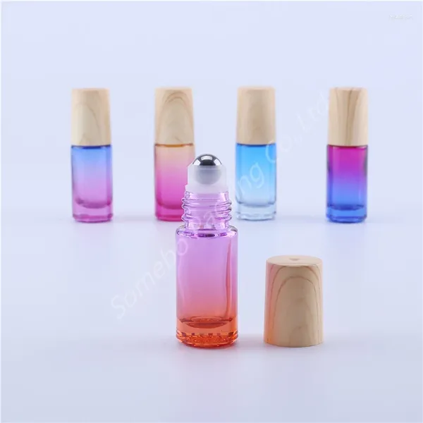 Speicherflaschen 300pcs 5 ml Gradientenfarbe Dickes Glaswalzen ätherische Öl Parfum mit Wassertransfer Druck Holzkorn Kunststoffabdeckung