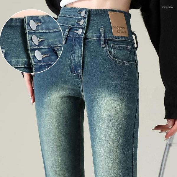 Frauen Jeans hochwertige Großhandelsfrau Jean Denim Stifthose Marke Stretch Taille Retro Blue Drei-Knopf