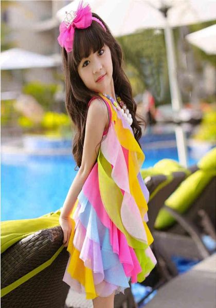 Sommermädchen Regenbogen Mini Drchildren Mädchen Fashion Faltenkleider 3 4 6 8 10 Jahre süßer Strand DR2021 Kinder Kleidung Mädchen X050936821451013782