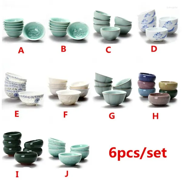 Xícaras pires 6 PCs/conjunto de chá em cerâmica chinês Copo gelo de gelo Teaset Pequeno porcelana Tigela Acessórios de xícara de chá Drinkware