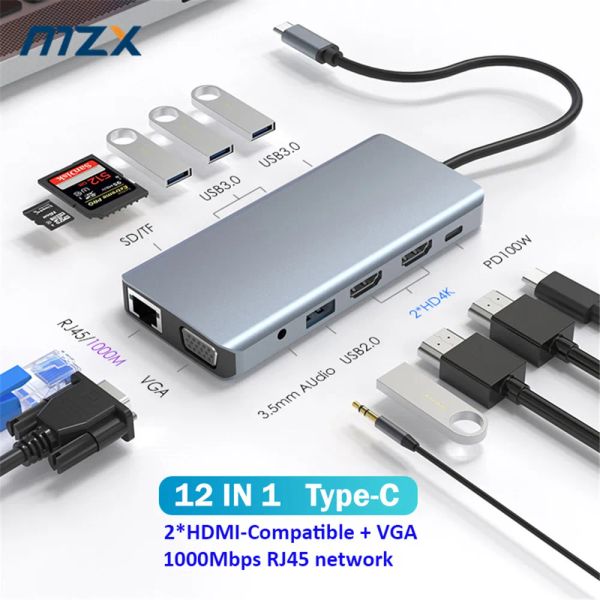 Hubs MZX 12IN1 Docking Stations Hub Extension USB Dual 2 Hdmicompatibile Tipo C Tipo 1000MBPS RJ45 Dock per laptop Book Windows