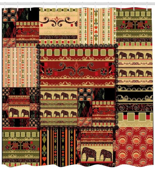 Duschvorhänge Patchworkstil asiatisches Muster mit Elefanten und kulturellen alten Motiven Druck Stoff Badezimmer Dekor Set rot Grün