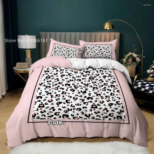 Bettwäsche Sets rosa Leopardenmilch Set Bunte Cartoon Kette Duvet Cover 3D -Druck Home Textilbett Quilt für Schlafzimmer Betspannung