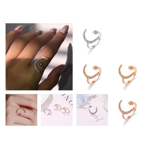 Bandringe Mode Finger Ring Sier Farbstar Moon für Frauen Hochzeitsfeier Schmuck Glanz Kristall Metall Blume Öffnung Anillo L230620 OTDM7