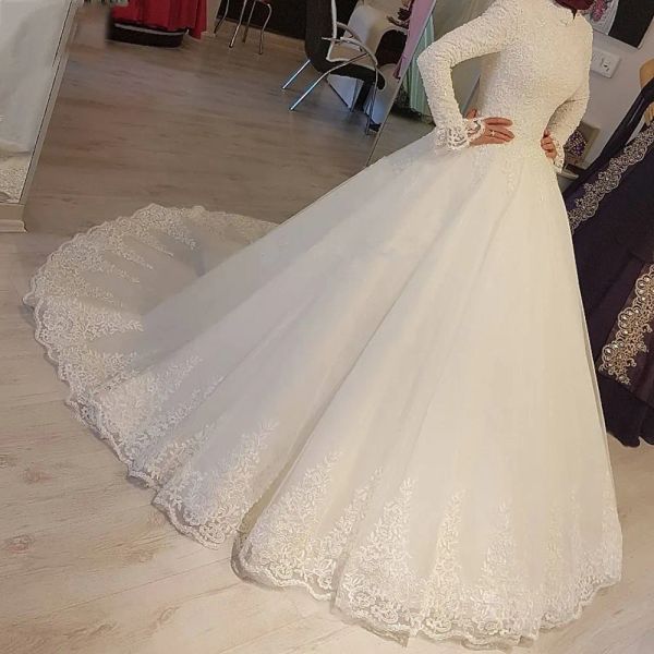 Kleider neuer Designer muslimer Vintage Brautkleider High Juwel Hals Spitzen Applikat Langarmes Hof Zug Hochzeitskleiderkleider Vestidos de