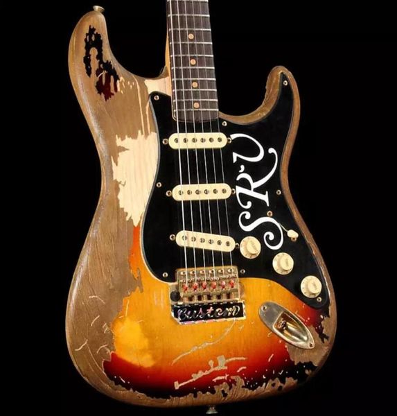 Relic personalizzata Stevie Ray Vaughan 3 Tone Sunburst Srv ST Guita elettrica a sinistra Tremolo Bridge Bridge Body Vintage Sunders vintage GOL5658326