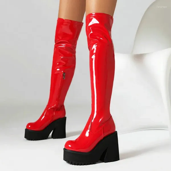 Botlar Beyaz Siyah Kırmızı Seksi Kadın Kış Sonbahar Ayakkabı Tıknaz Yüksek Topuklu Platform Platfizler Patent Deri Streç Kadınlar