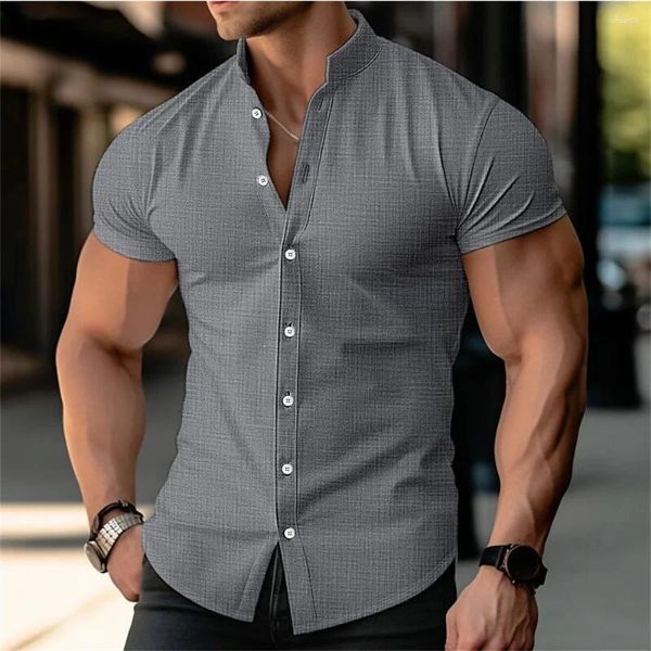 Camicie casual maschile uomini muscolosi di fitness sport camicia elastica elastica bottone a colori solidi Business Street Fashion Trend Summer Short Maniche