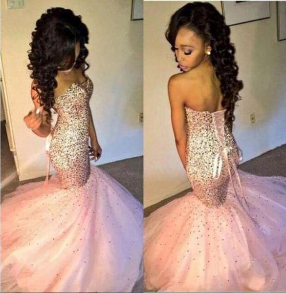 2020 Luxus Crystal Mermaid Prom Kleider maßgeschneiderte Schatz Rücken Korsett sexy rosa Partykleid Fashion Formale Schnürung Abend G4649091