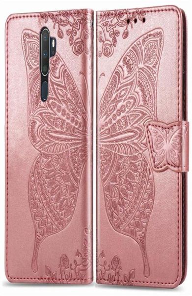 Für Oppo A9 2020 Hülle mit Wallet Card Halter Phone Kickstand Magnetic Clip Stanze konvexe Blumen Schmetterlingsmuster Handschnell 26556187