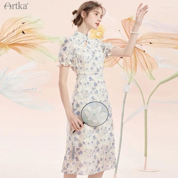 Vestidos de festa Artka 2024 Verão elegante vintage chinês Cheongsam Dress Floral Sleeve Slim Slim Split Midi Chiffon Women LA22714X