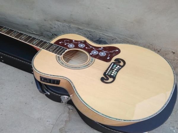 Doğal Katı Ladin Üst J200 Akustik Gitar 43 inç Gerçek Abalone Patlama Alev Maple Arka ve Yanlar Jumbo Vücut Guitarra8047318