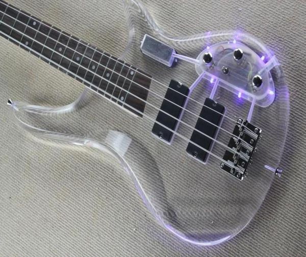 TOP DE QUALIDADE DE QUALIDADE Custom 4 String Bass Guitar Guitar Transparent Body com LED 3 Color Lightin Real PO Show 10271134093