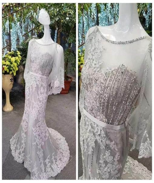 2020 Veja através de vestidos de noiva de sereia com miçangas e lacas de renda vestidos de noiva de prata com 34 manga chic boho weddin6018541