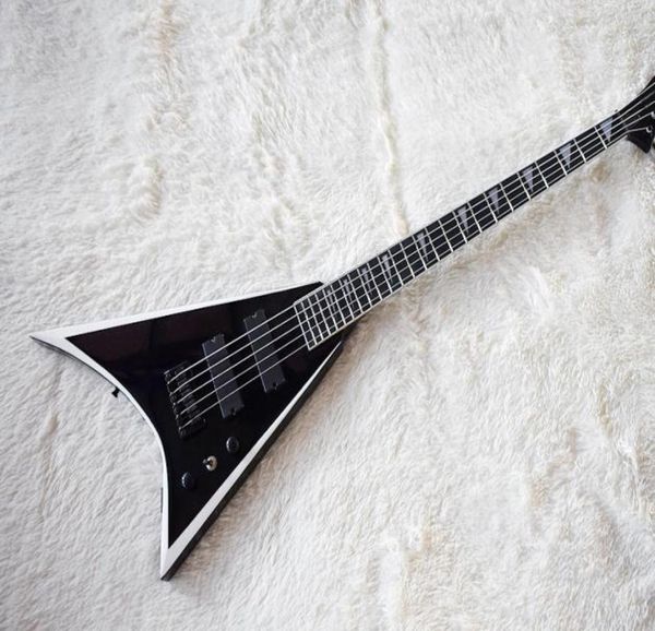 Whole Custom V Shape Black 5 Strings Bass de baixo elétrico com White Stripblack Hardwarewhite Pearl Fret INLA1388347