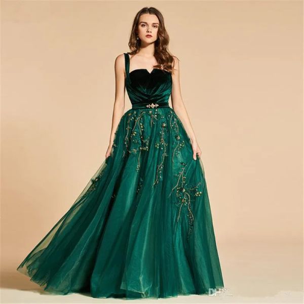 Kleider Charming Green Velvet Tulle Prom Kleider 2019 bodenlange sexy Rückenless Aline Abendkleider mit Perlen langes Partykleid