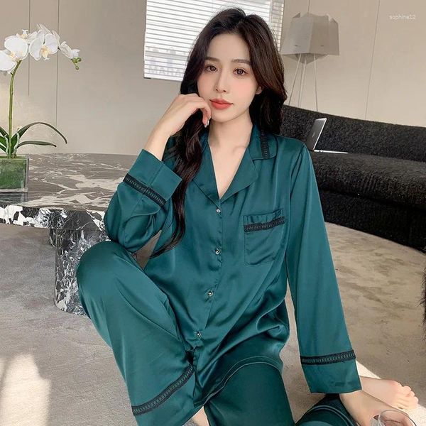 Abbigliamento da casa Donne Satin Sleep abbigliamento 2 pezzi di pigiama set Pijamas Lounge Nightgown Intime Lingerie Spring Pajamas Abbigliamento da notte