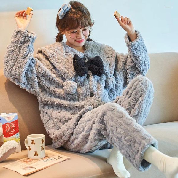 Heimkleidung schöne 2pcs Pyjamas Anzug Herbst Winter Koralle Fleece intime Dessous blaue Frauen Schlaf Set Pyjamas mit Bug