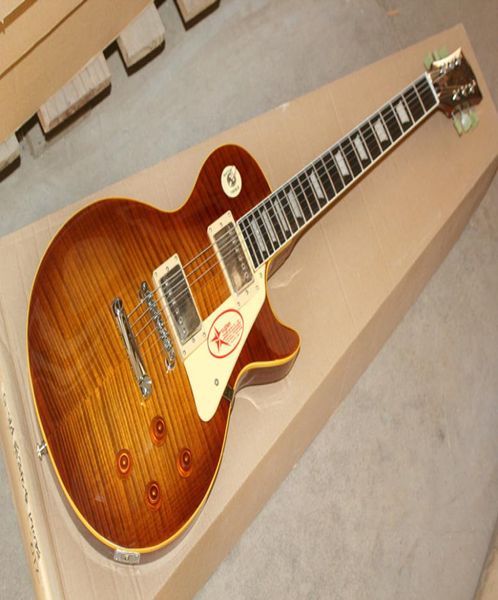 Guitarra elétrica personalizada de fábrica com chama Maple Felek Amarelo Ligação em torno do braço de braço ser personalizado5727656