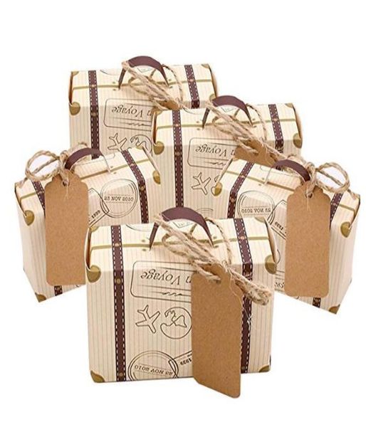 Mini -Koffer Favor Box Süßigkeit Geschenktüte Vintage Kraftpapier mit Tags Sackleinenwinkel für Hochzeitsreisen thematische Party Brautdusche DE2483069