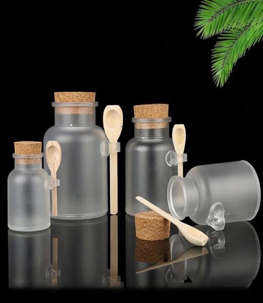 Contenitori di bottiglie di cosmetica in plastica glassata con tappo di sughero e cucchiaio da bagno per bagno in polvere bottiglie di imballaggio in polvere bottiglie Jar8300964