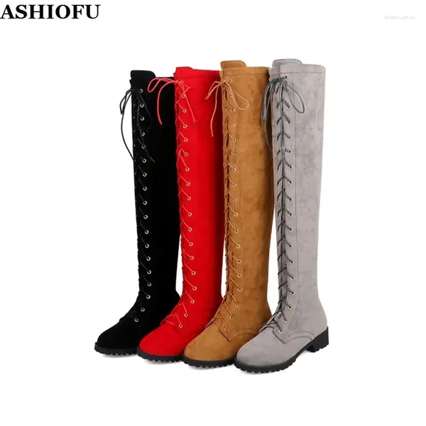 Stiefel Ashiofu handgefertigtes Frauenblockheel über Kniekreuz und Crosscross Shoelace Night Club Sexy Booties Abend Mode Winterschuhe