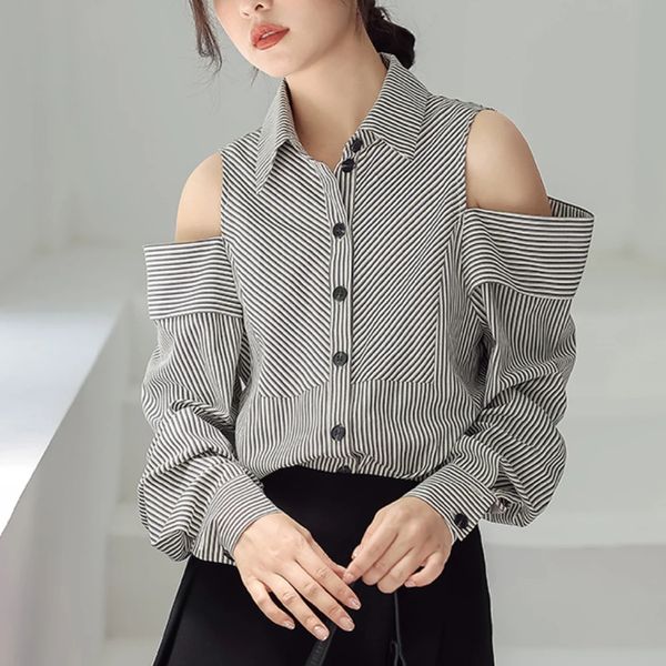 Sexy Off a strisce a strisce da donna Streetwear camicie sciolte top abbigliamento casual in stile coreano 240407